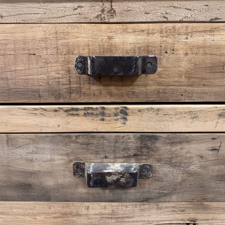 Close-up of the drawer handles showing aged reclaimed wood texture.
