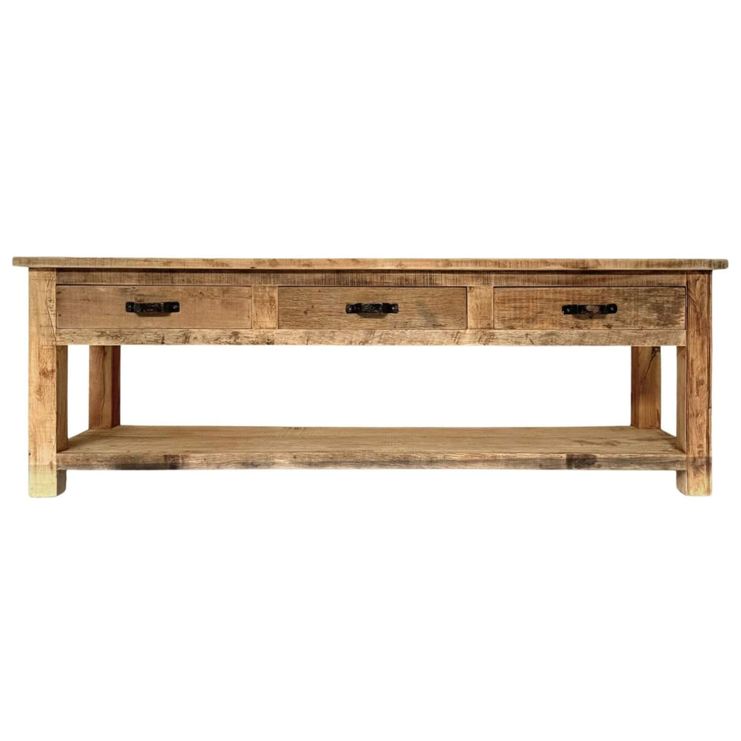 Large Reclaimed wood Dinka TV console front view with three drawers