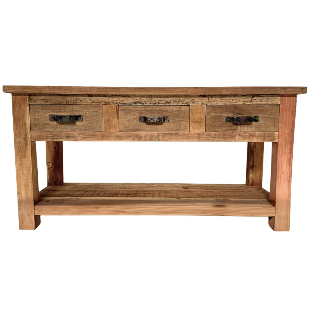 Wooden console table with three drawers on a white background