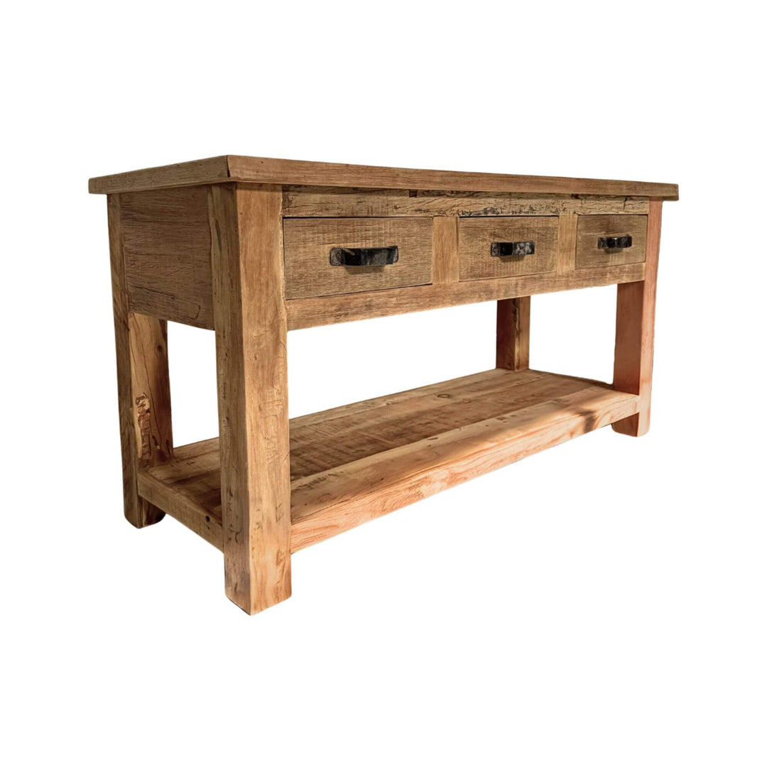 Wooden console table with three drawers on a white background