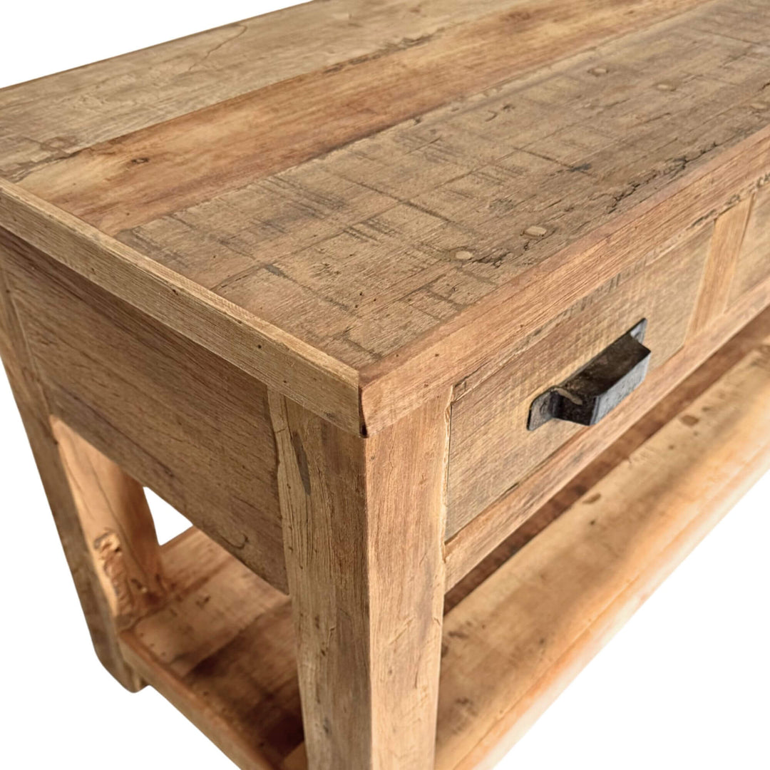 Wooden table with a rustic finish on a white background