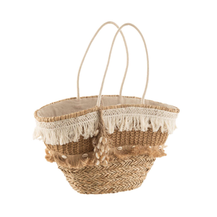 Dogon Jute Basket with shells and fringe, handcrafted from natural fibers.