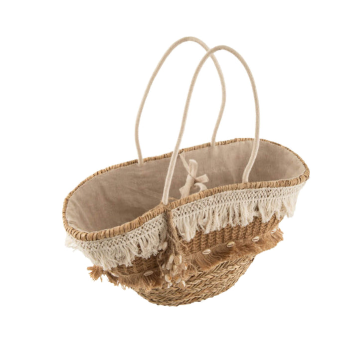 Dogon Jute Basket with shells and fringe, handcrafted from natural fibers.