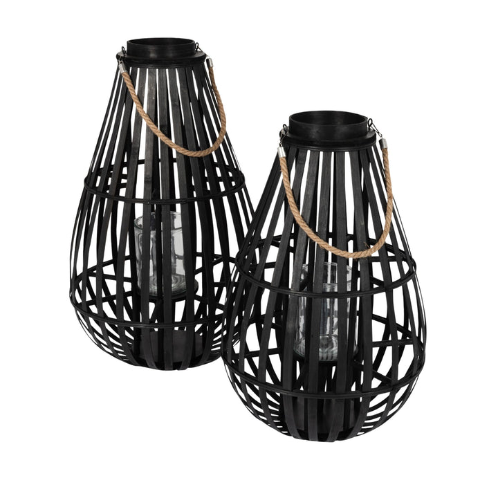 Front view of Drop lanterns in two sizes highlighting their teardrop shape and open woven bamboo structure.