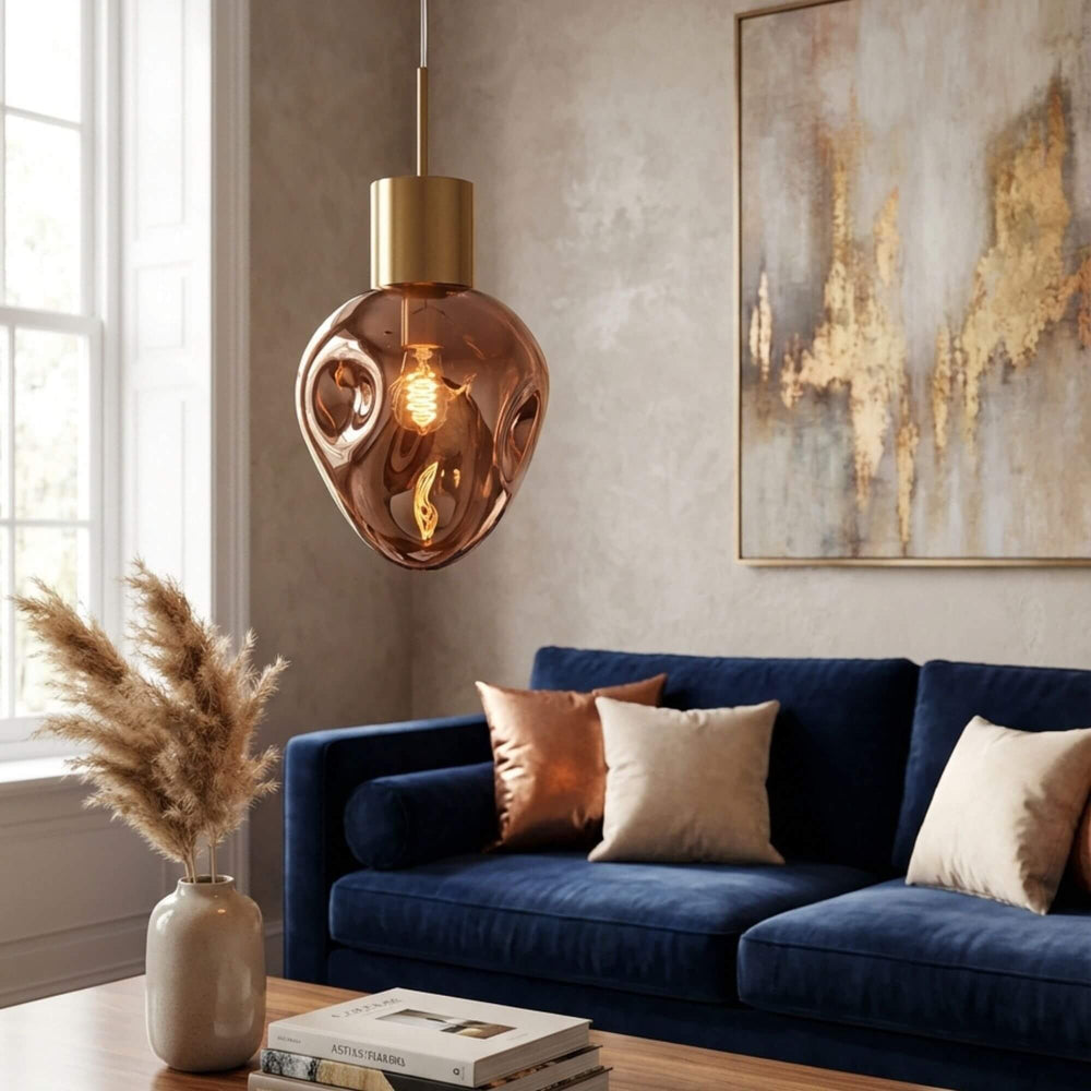 Styled interior scene featuring the Droplet Glass Ceiling Lamp above a living space.