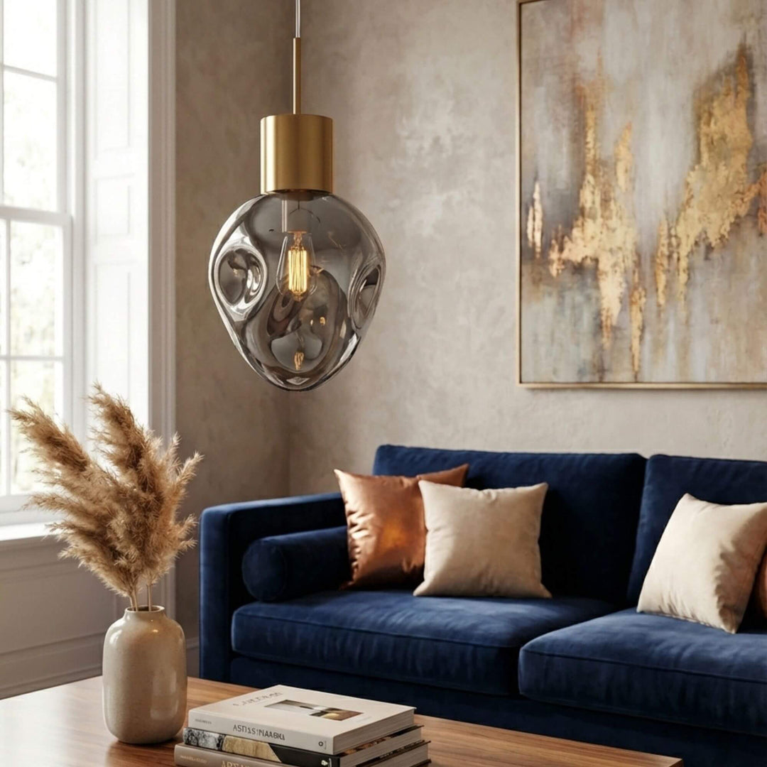 Interior scene featuring the grey Droplet Glass Ceiling Lamp hanging above a modern living space.