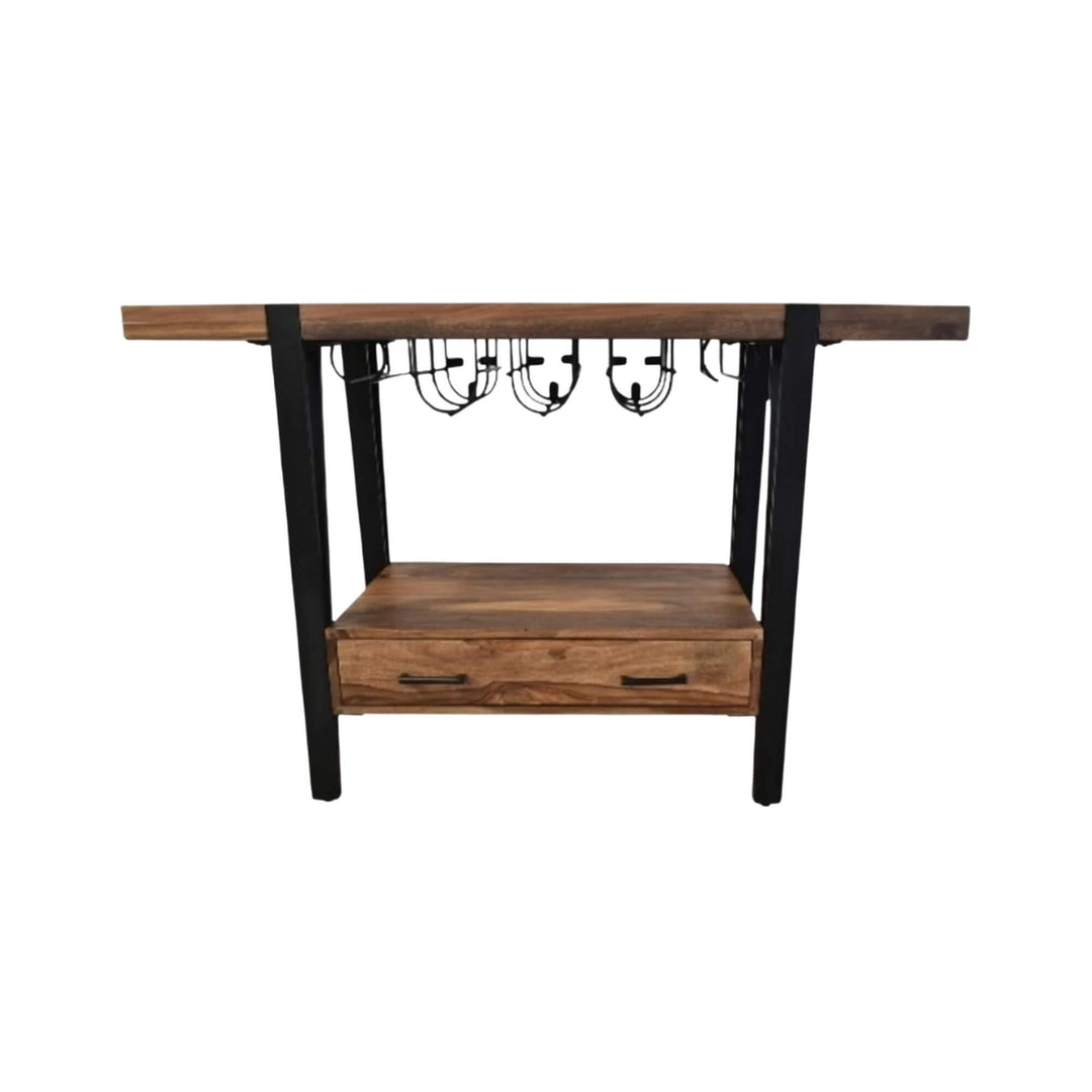 Industrial bar console table combining sheesham wood and metal base