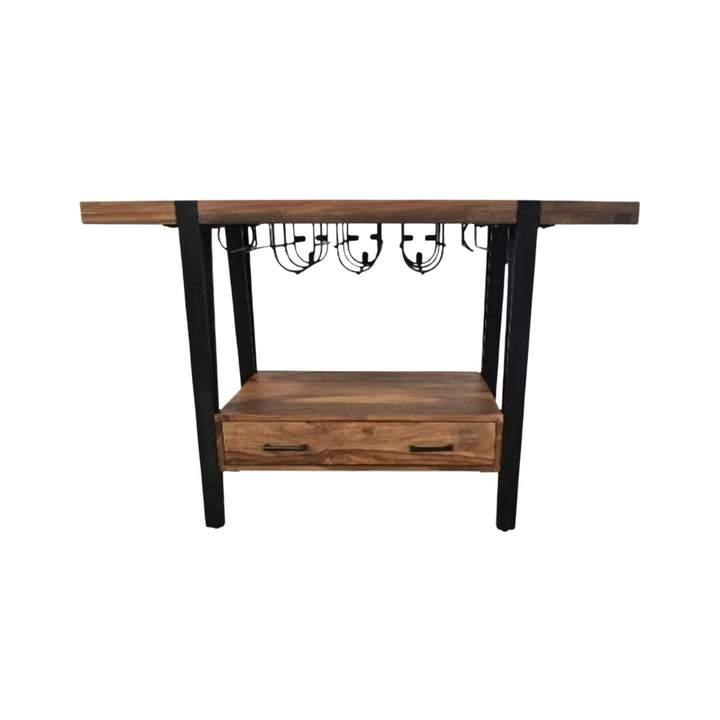 Industrial bar console table combining sheesham wood and metal base