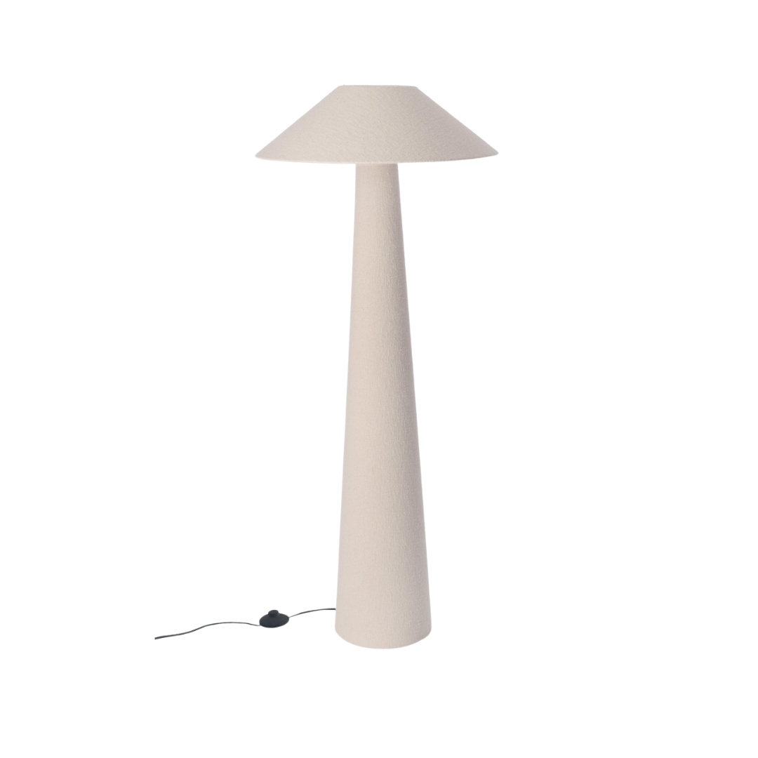 Duna floor lamp with boucle fabric shade and tall conical base on white background.