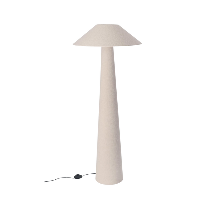 Duna floor lamp with boucle fabric shade and tall conical base on white background.
