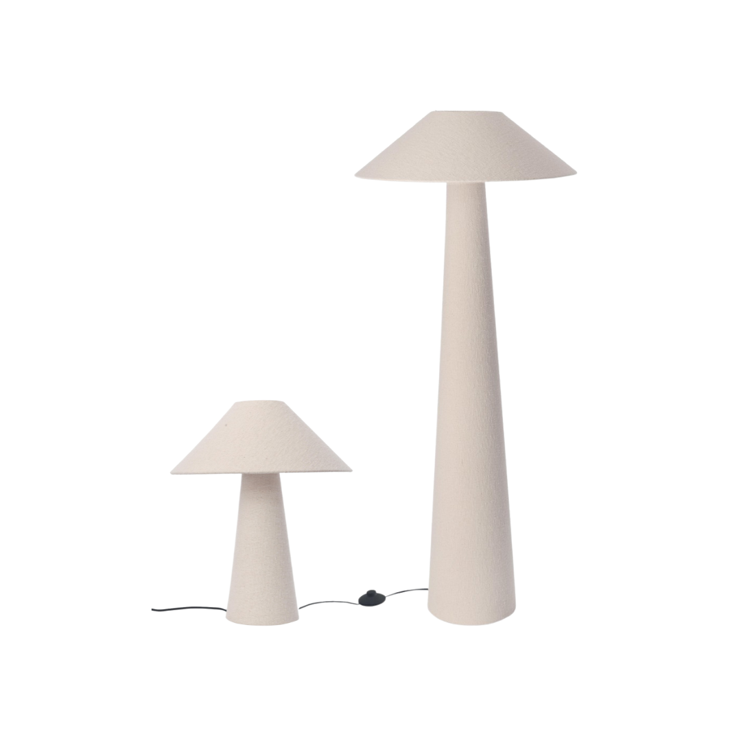 Large Duna floor lamp standing next to its smaller table lamp version.