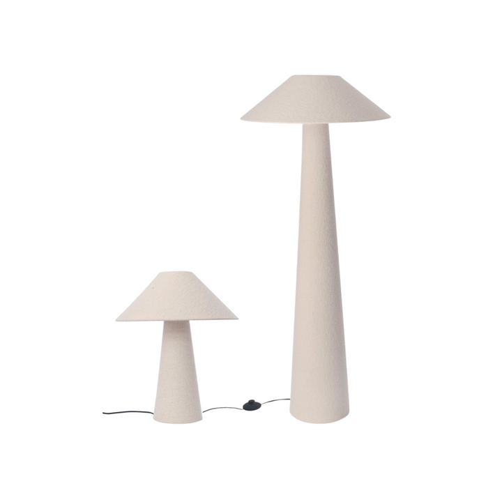 Large Duna floor lamp standing next to its smaller table lamp version.