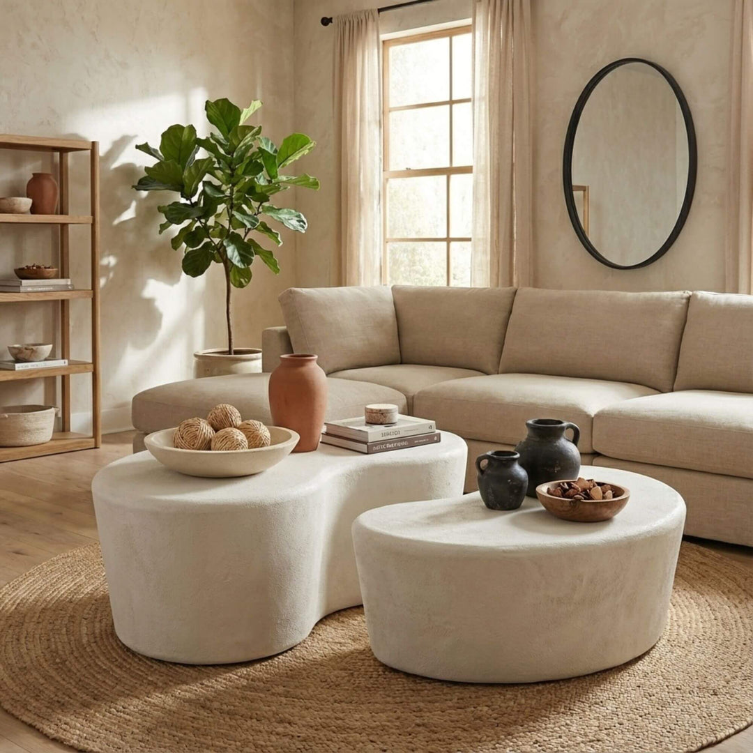 Styled interior view of Dune Organic Coffee Tables placed in a living room with neutral decor.