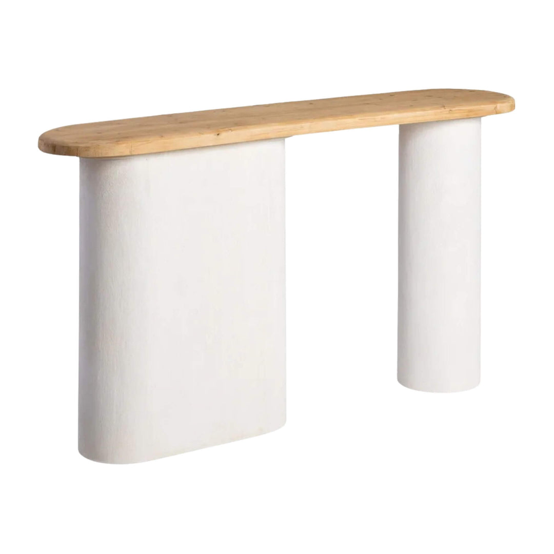 Front view of Dune Console Table with wood top and white sculptural base.