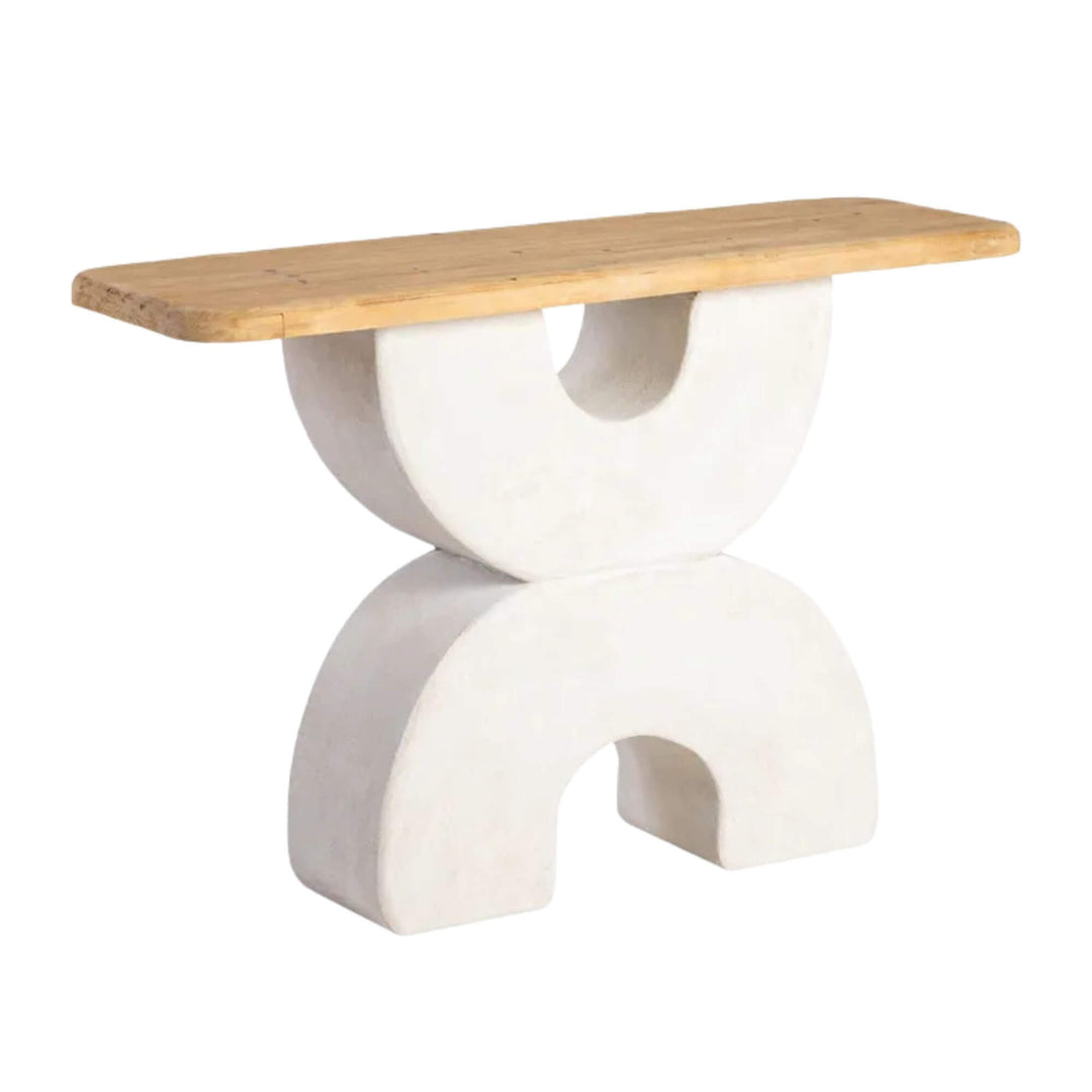 Front view of the Dune Console Table showing its sculptural off-white base and wooden top.