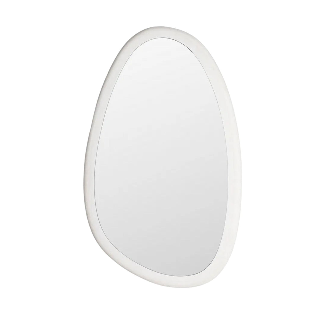 Front view of the Dune mirror showcasing its rounded shape and textured off-white frame.