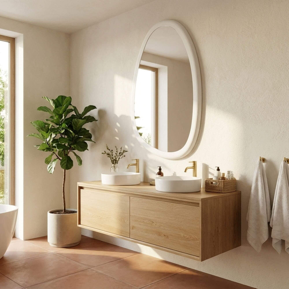 Interior setting featuring the Dune mirror styled above a console table.