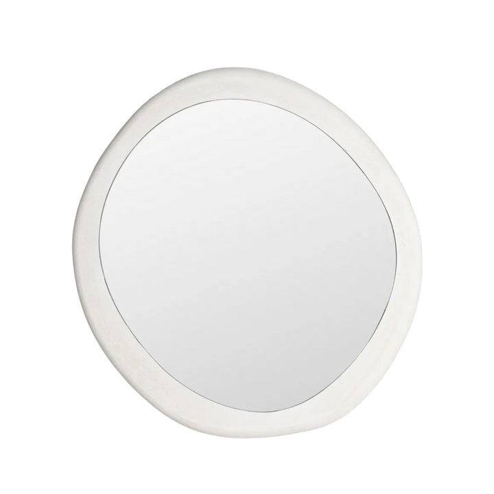 Front view of the Dune mirror showcasing its rounded shape and textured off-white frame.