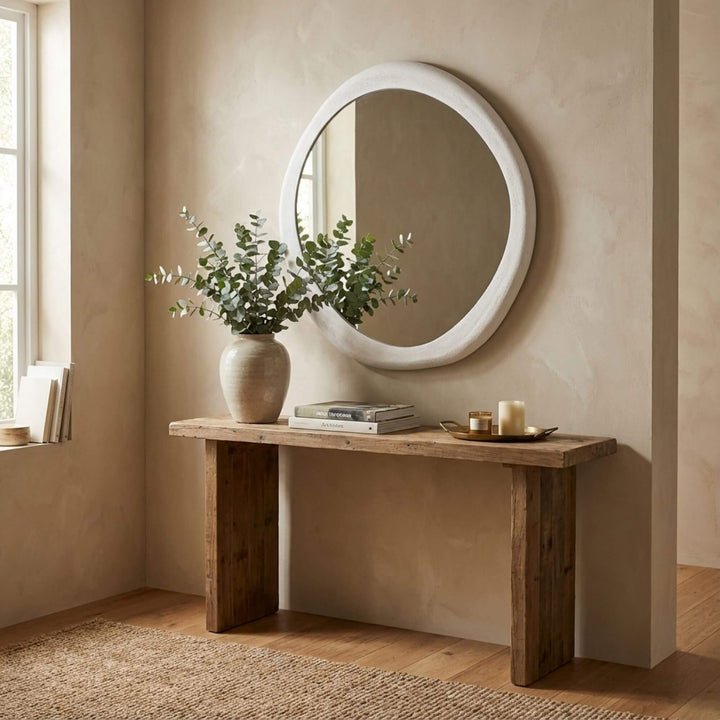 Interior setting featuring the Dune mirror styled above a console table.