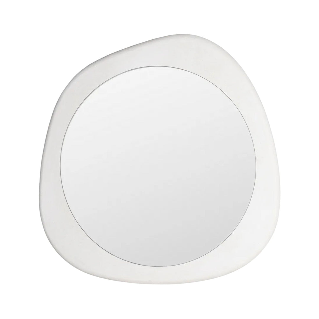 Front view of the Dune mirror showcasing its rounded shape and textured off-white frame.
