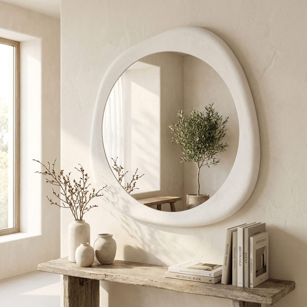 Interior setting featuring the Dune mirror styled above a console table.