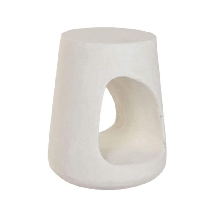 Angled view showing the curved cut-out design of the white Dune Stool.
