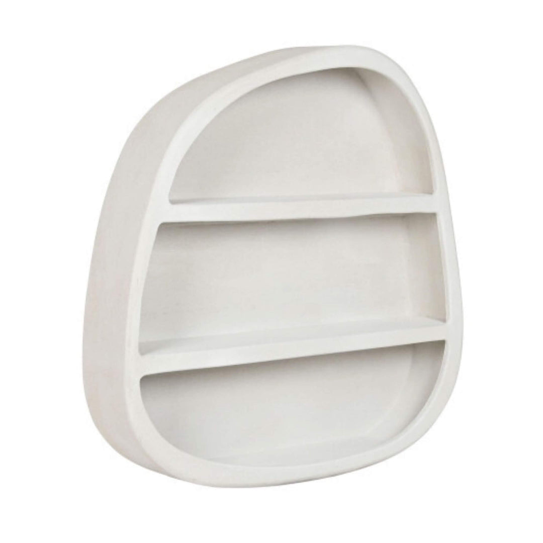 Angled view of organic-shaped white wall shelf with three tiers