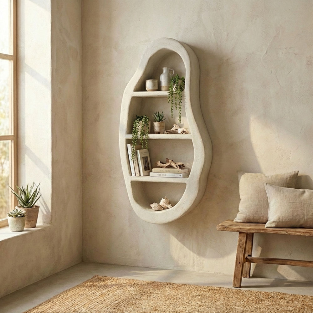 Styled living space featuring the Dune wall shelf mounted on a textured wall with decorative objects.