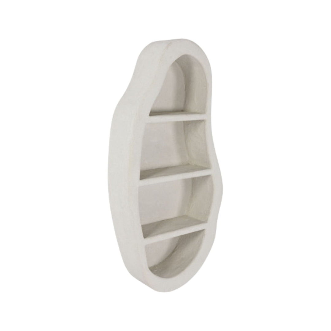 Side view of the wall shelf highlighting its curved silhouette and vertical proportions.