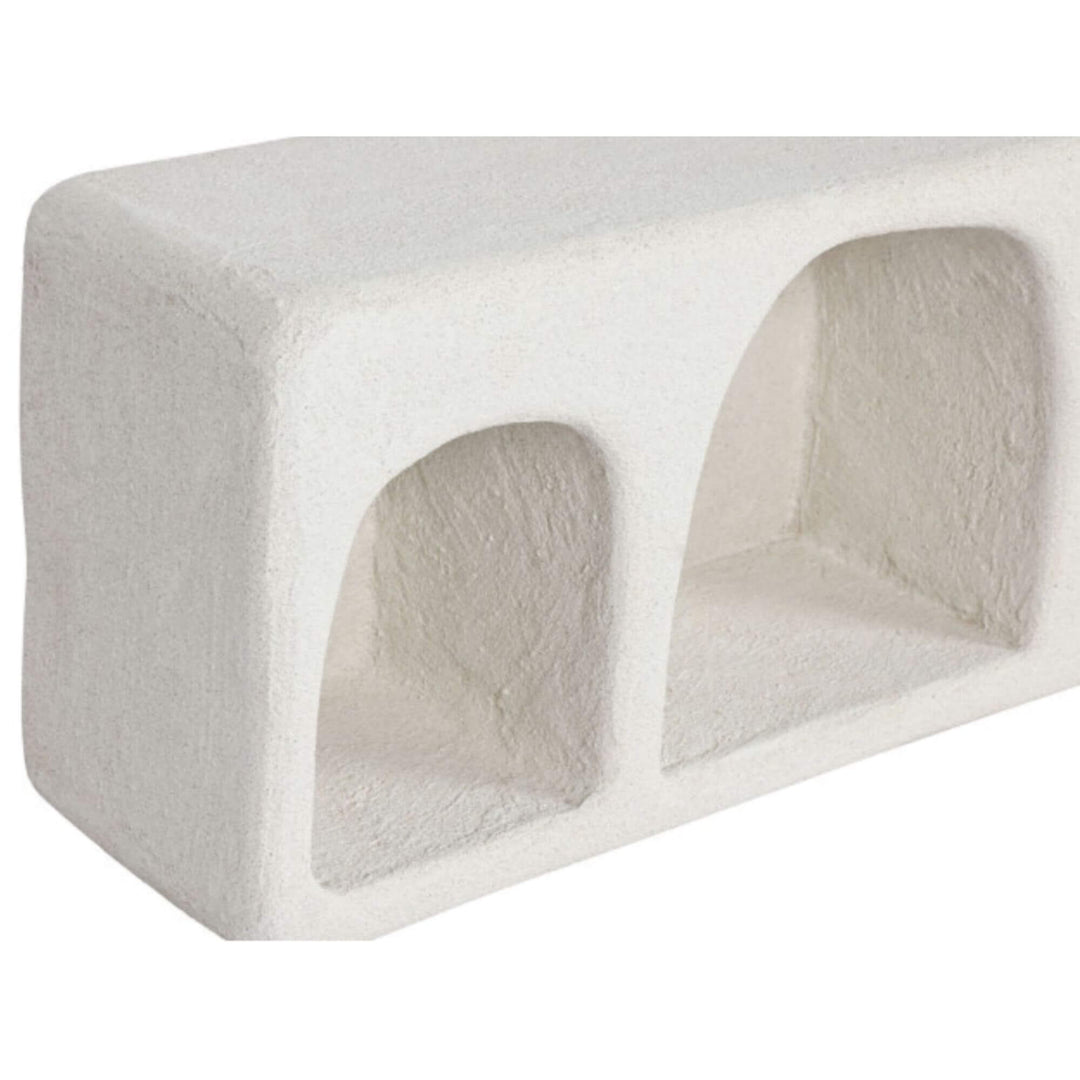 Close-up Minimalist wall-mounted shelf with multiple niches in neutral tone