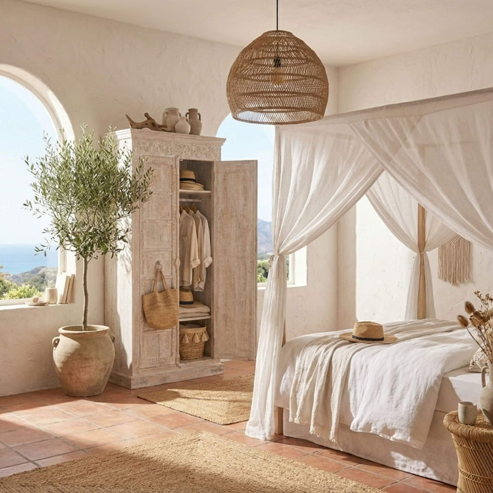 Styled interior scene featuring the Durga Wardrobe in a serene Mediterranean-inspired bedroom.