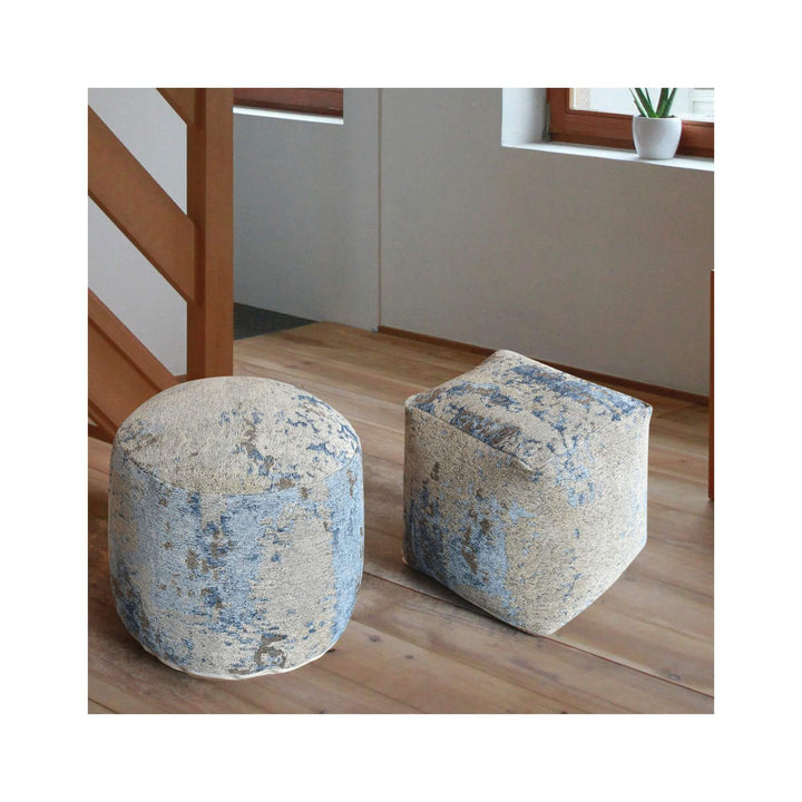 Beige and blue cotton chenille puff with textured fabric