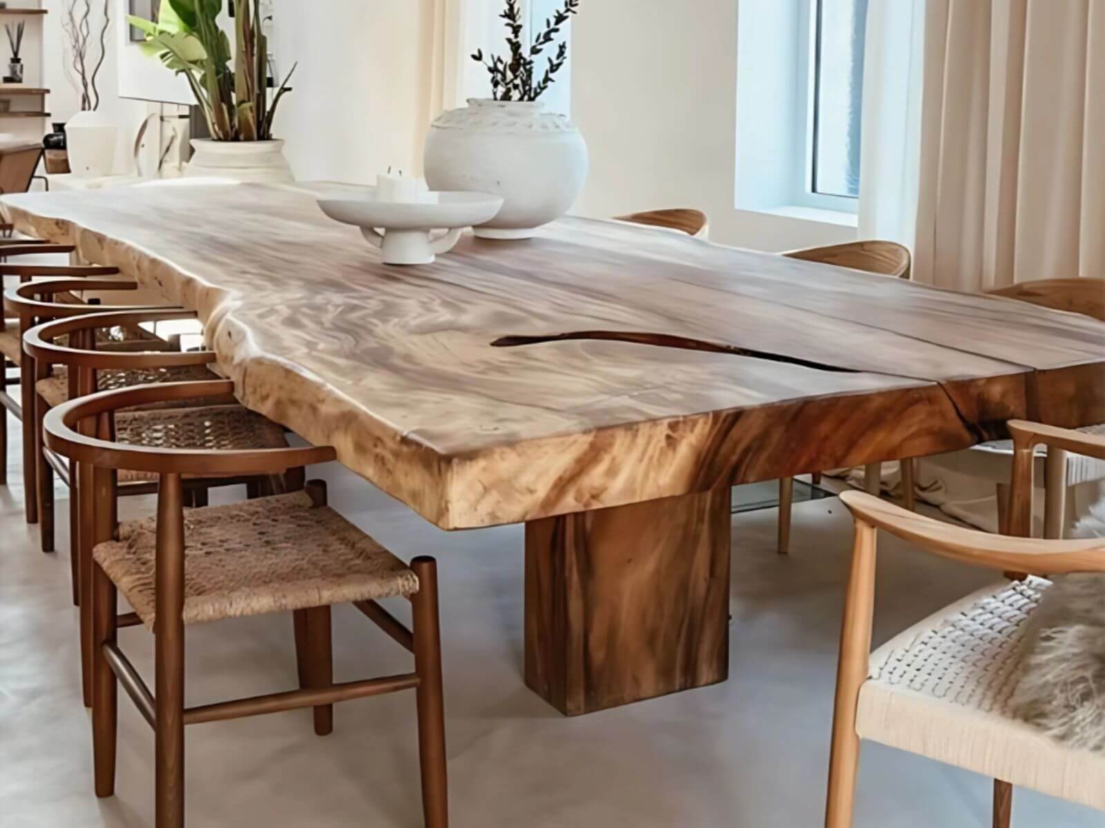 Long wooden dining table with natural finish in a modern interior setting.