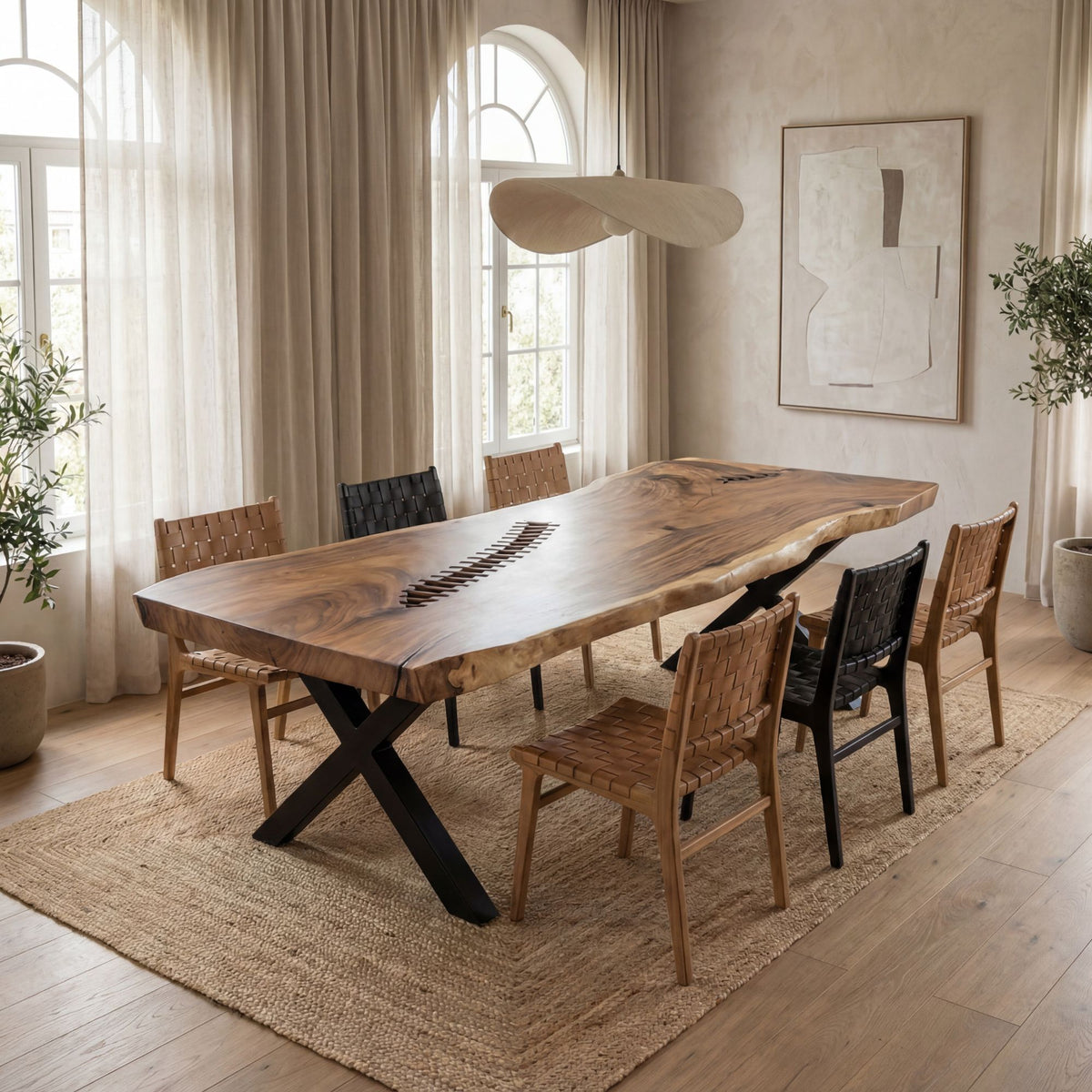 Dining room with a large wooden table and chairs in a well-lit room.