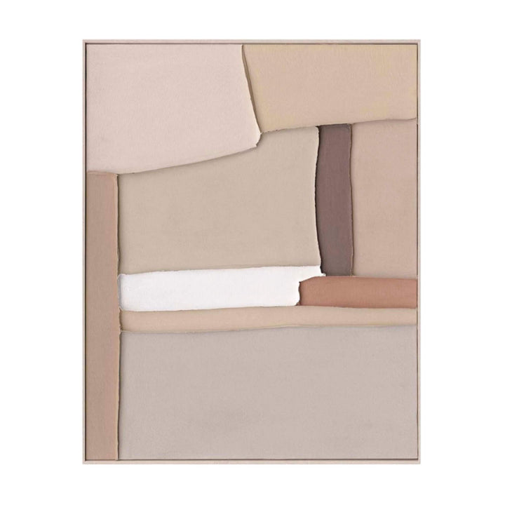 Abstract painting with layered geometric shapes in beige, taupe, and terracotta tones on canvas, framed in light wood — Earthbound Painting.