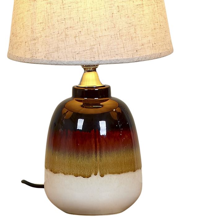 Close-up of porcelain lamp base with brown and cream gradient finish.