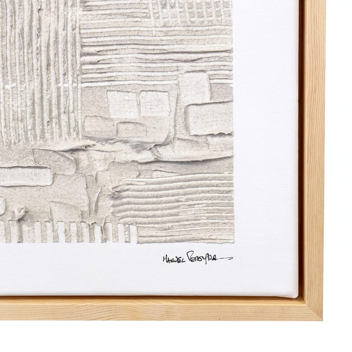 Close-up of the Earth Current artwork showing its layered mixed-media texture, geometric relief, and artist signature