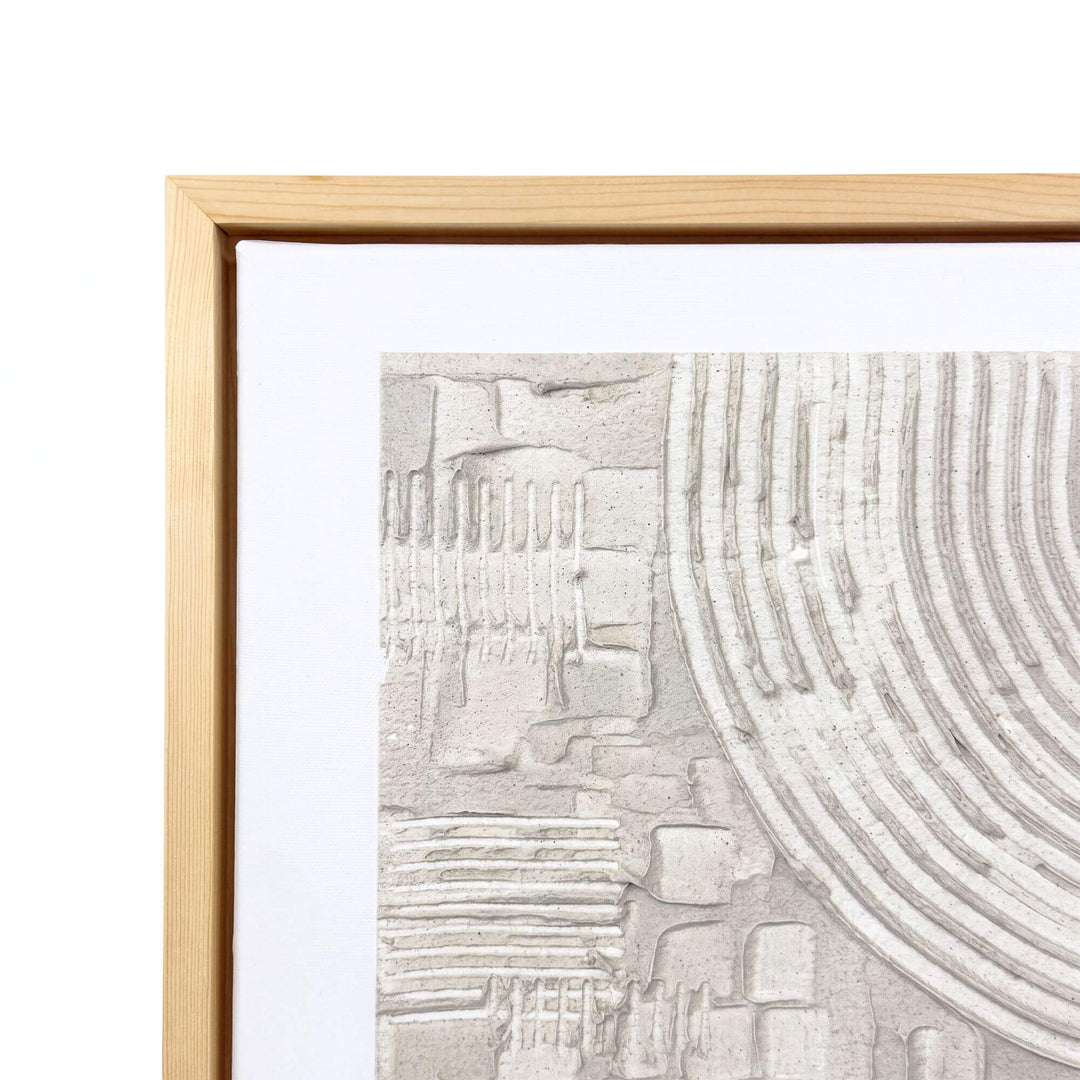Close-up of the Earth Current painting highlighting the flowing curved lines, sculptural ivory surface, and natural wood frame