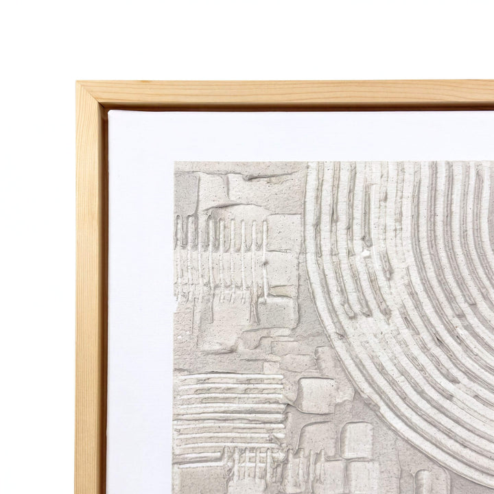 Close-up of the Earth Current painting highlighting the flowing curved lines, sculptural ivory surface, and natural wood frame