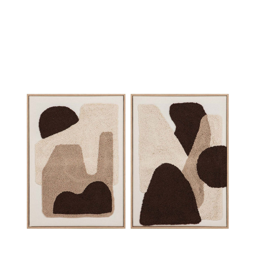 Front view of the Earth Forms paintings showing abstract textile compositions in soft beige, taupe, and dark brown tones.