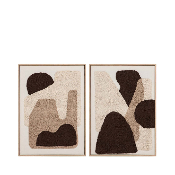 Front view of the Earth Forms paintings showing abstract textile compositions in soft beige, taupe, and dark brown tones.