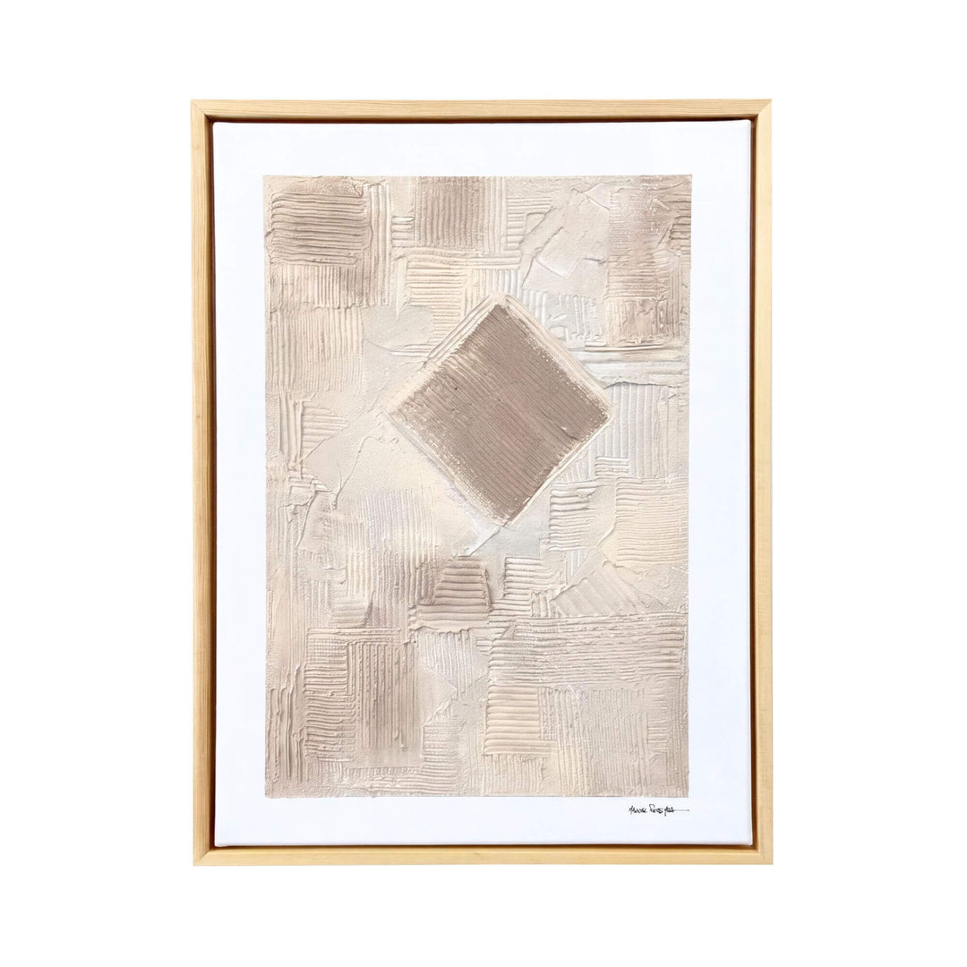 Front view of the Earth Fragments original painting by Manuel Pereyra with textured geometric relief in soft ivory tones