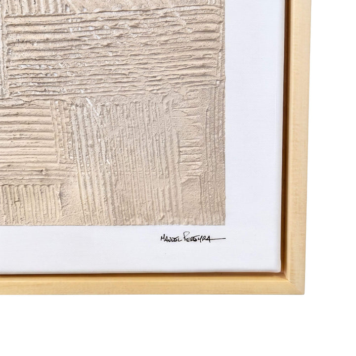 Close-up of the Earth Fragments artwork showing its layered mixed-media texture, central diamond motif, and artist signature