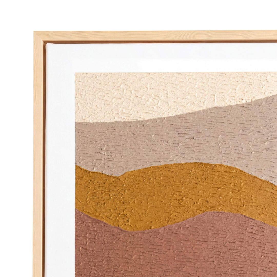Close-up of the Earth Horizon painting highlighting the natural wood frame and layered abstract composition