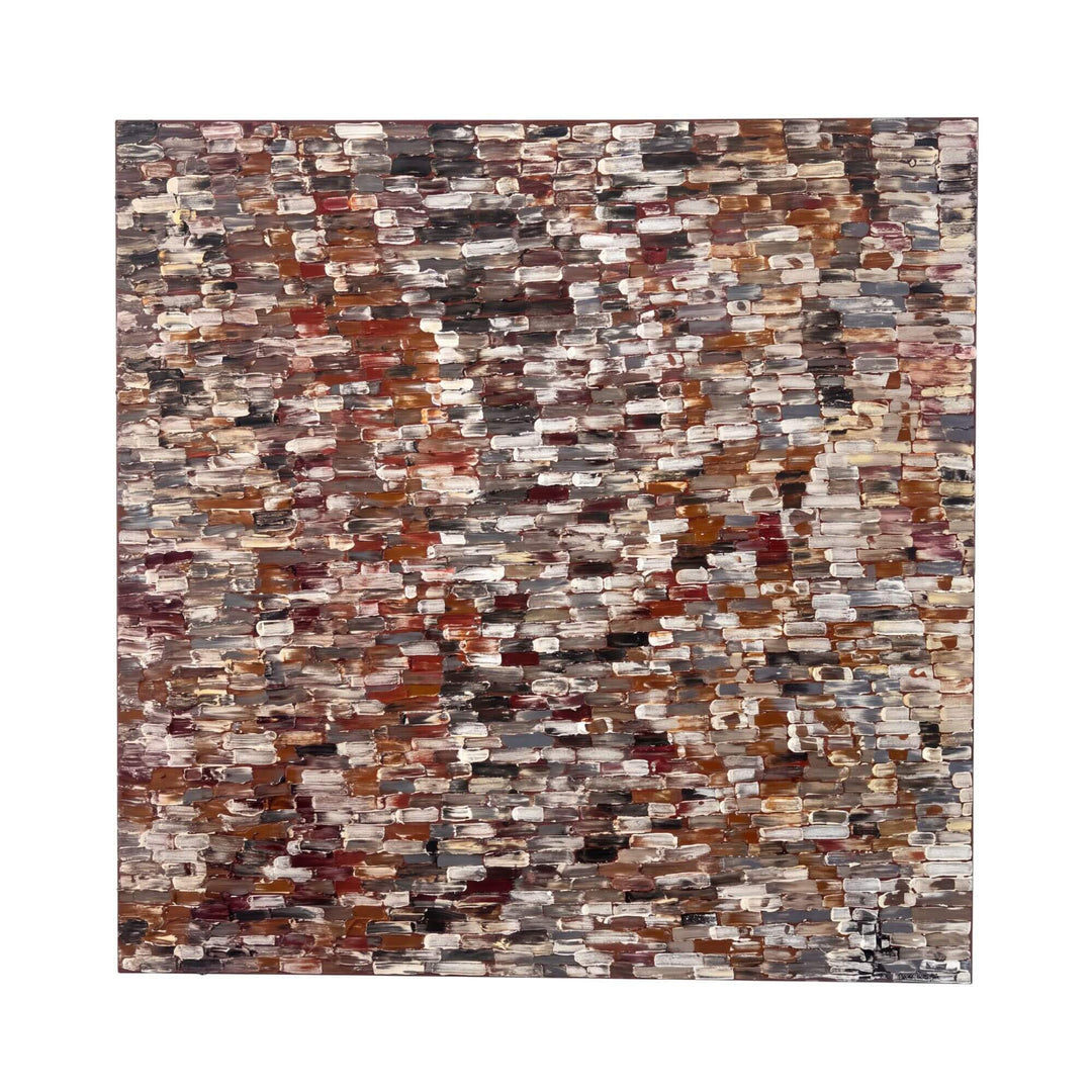 Front view of the Earth Mosaic original painting by Manuel Pereyra with layered rectangular strokes in rich earthy tones