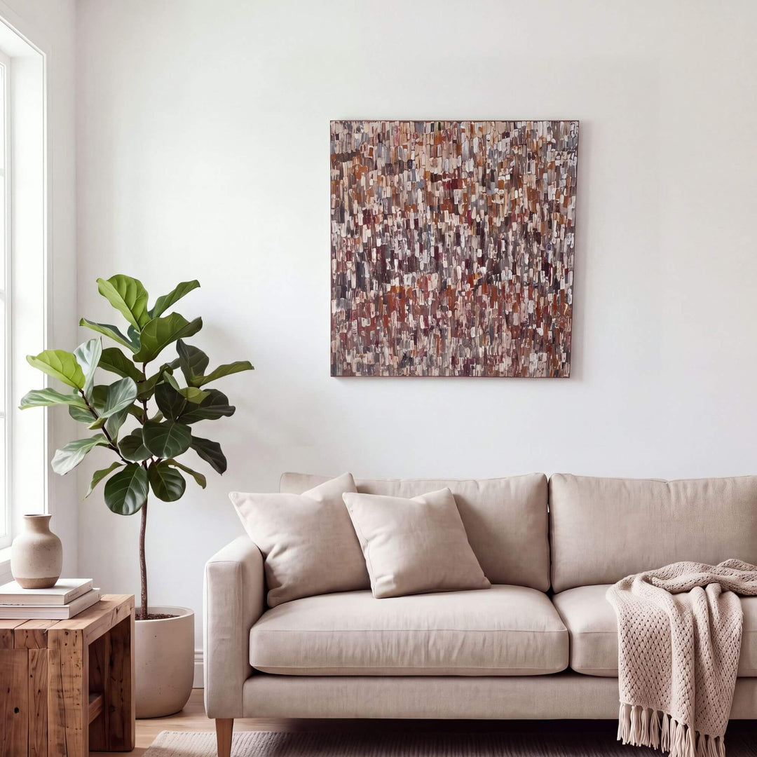 Front view of the Earth Mosaic original painting by Manuel Pereyra with layered rectangular strokes in rich earthy tones