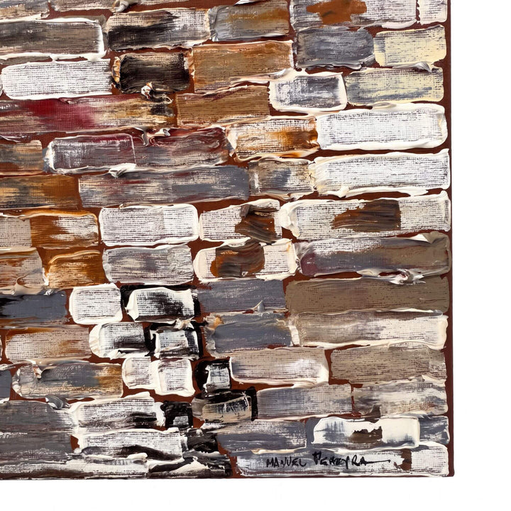 Close-up of the Earth Mosaic artwork showing its textured mixed-media surface, layered strokes, and artist signature