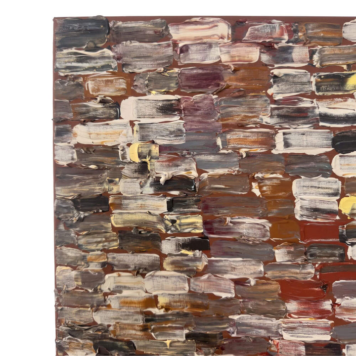 Close-up of the Earth Mosaic painting highlighting the rich brown, rust, cream, grey, and burgundy colour palette