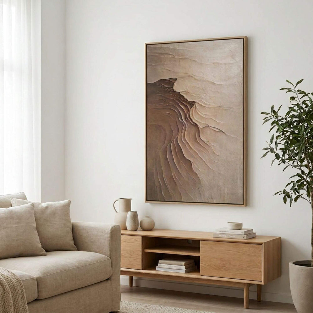 Styled interior setting featuring the Earth Vein artwork displayed above a wooden sideboard in a calm natural space.