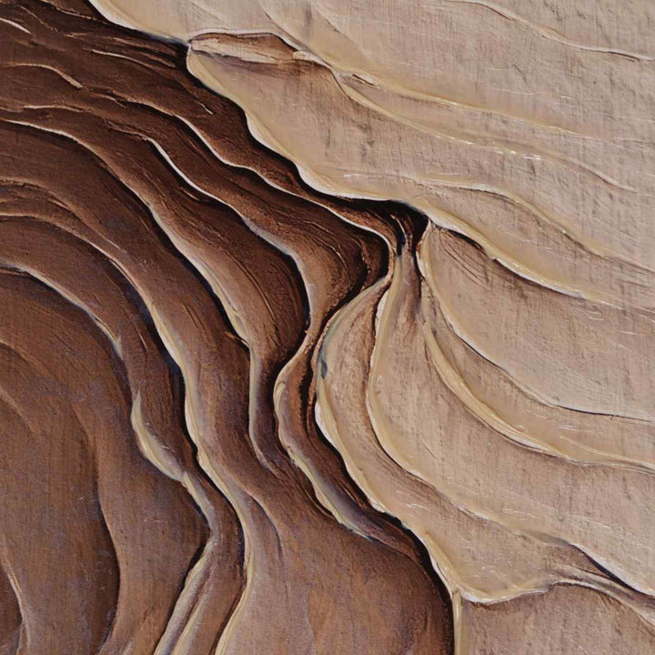 Close-up detail of the painting showing the sculptural layered texture and flowing brown and beige contours.
